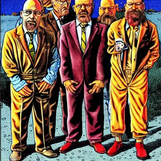 Image similar to The Artwork of R. Crumb and his Cheap Suit Breaking-Bad-Walter-White meth-lab, wearing a bio-hazard suit pencil and colored marker artwork, trailer-trash lifestyle