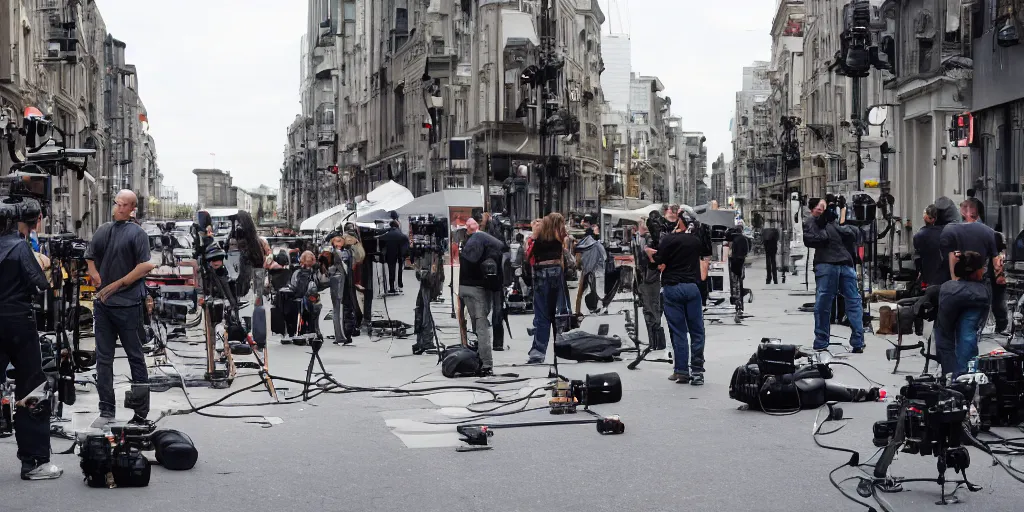 Prompt: a film crew in a street, cameras, lighting, trucks, actors, photograph