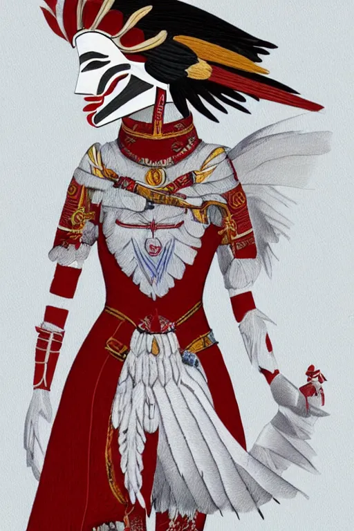 Image similar to female adventurer in tight full - body white embroidered leather armor of ukrainian vyshyvanka design with red accents and a red porcelain crow mask, trending in artstation, ukrainian, artstation, big moon in the background, establishing shot