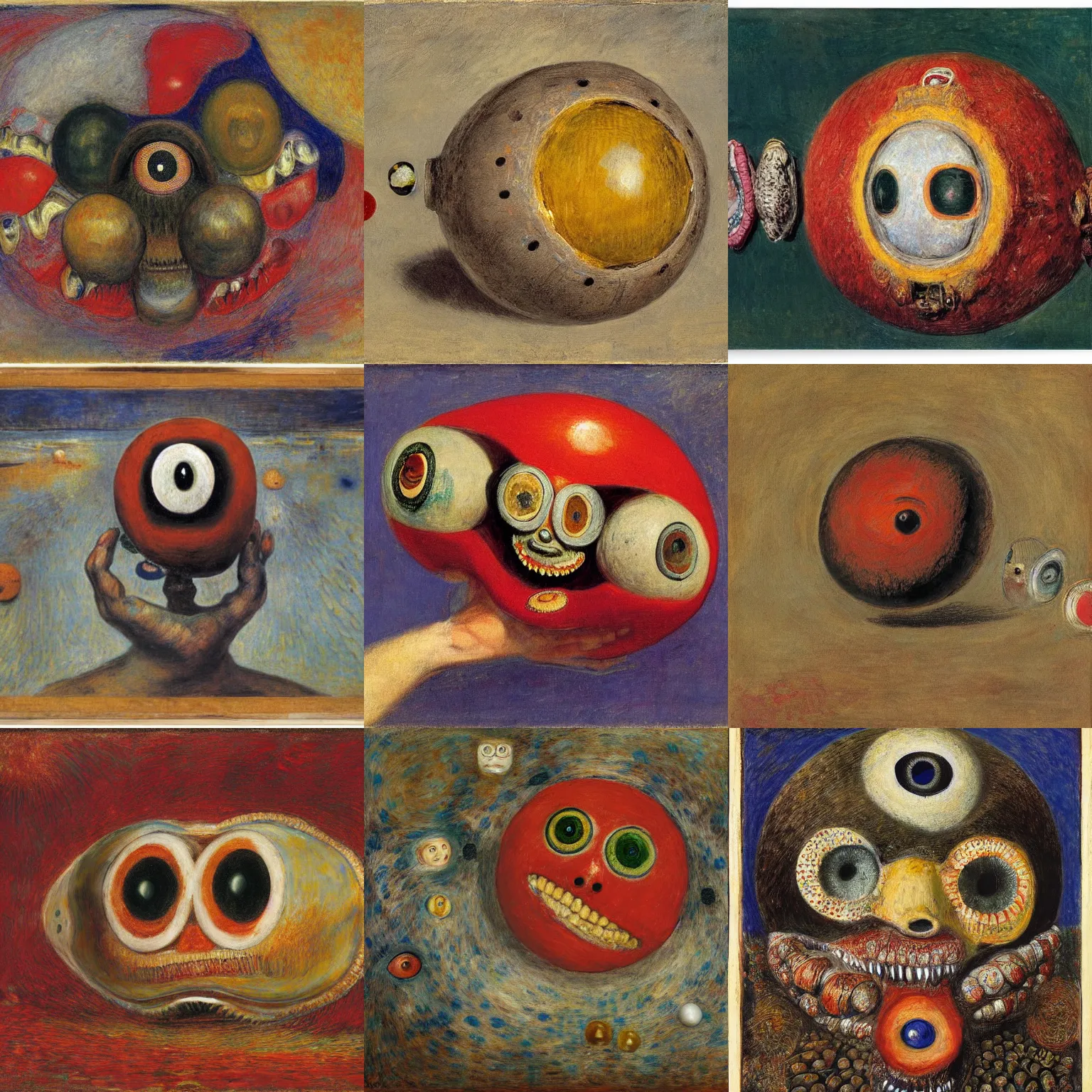 Prompt: a shell containing a ball made out of eyes and teeth, artwork by james ensor and odlion redon