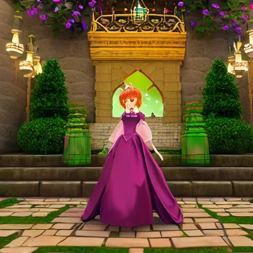 Image similar to a pleasant, beautiful, funny, smooth 3D CG render, semirealistic anime style, a noble priestess magician princess girl wearing dress and jewelry, in a glorious magic kingdom with castle and walls, relaxing calm vibes, fairytale