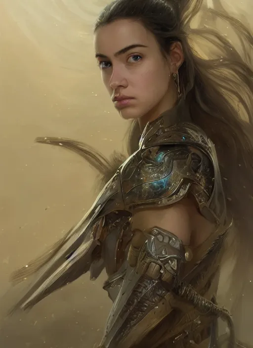 Image similar to a professional portrait of a beautiful young female, clothed in ethereal battle armor, olive skin, long dark hair, beautiful bone structure, symmetrical facial features, intricate, elegant, digital painting, concept art, smooth, sharp focus, finely detailed, illustration, from Valerian and the City of a Thousand Planets, in the style of Ruan Jia and Mandy Jurgens and Artgerm and Greg Rutkowski and William-Adolphe Bouguerea