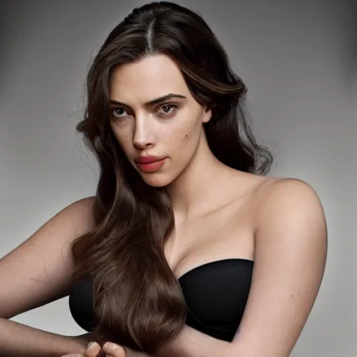 Image similar to a woman who is a genetic combination of kim kardashian and kat dennings and scarlett johansson and margot robbie and emma watson, face and upper - body focus