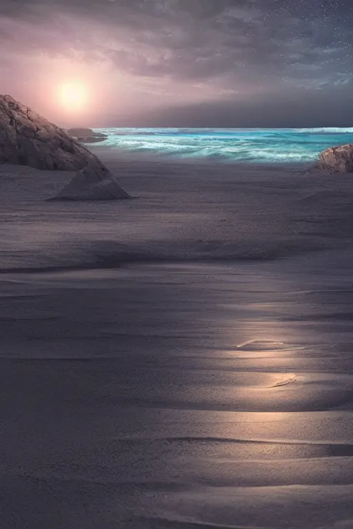 Prompt: digital matte fantasy dreamy beachscape sand rocks beach grass moonlight, artstation, behance, futuristic stormy 8 k by alex grey