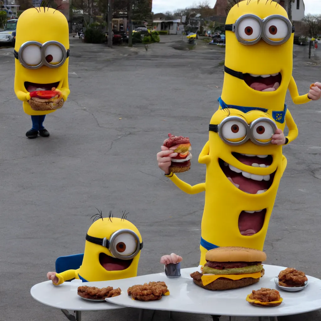 Image similar to stuart the minion eating a cheeseburger