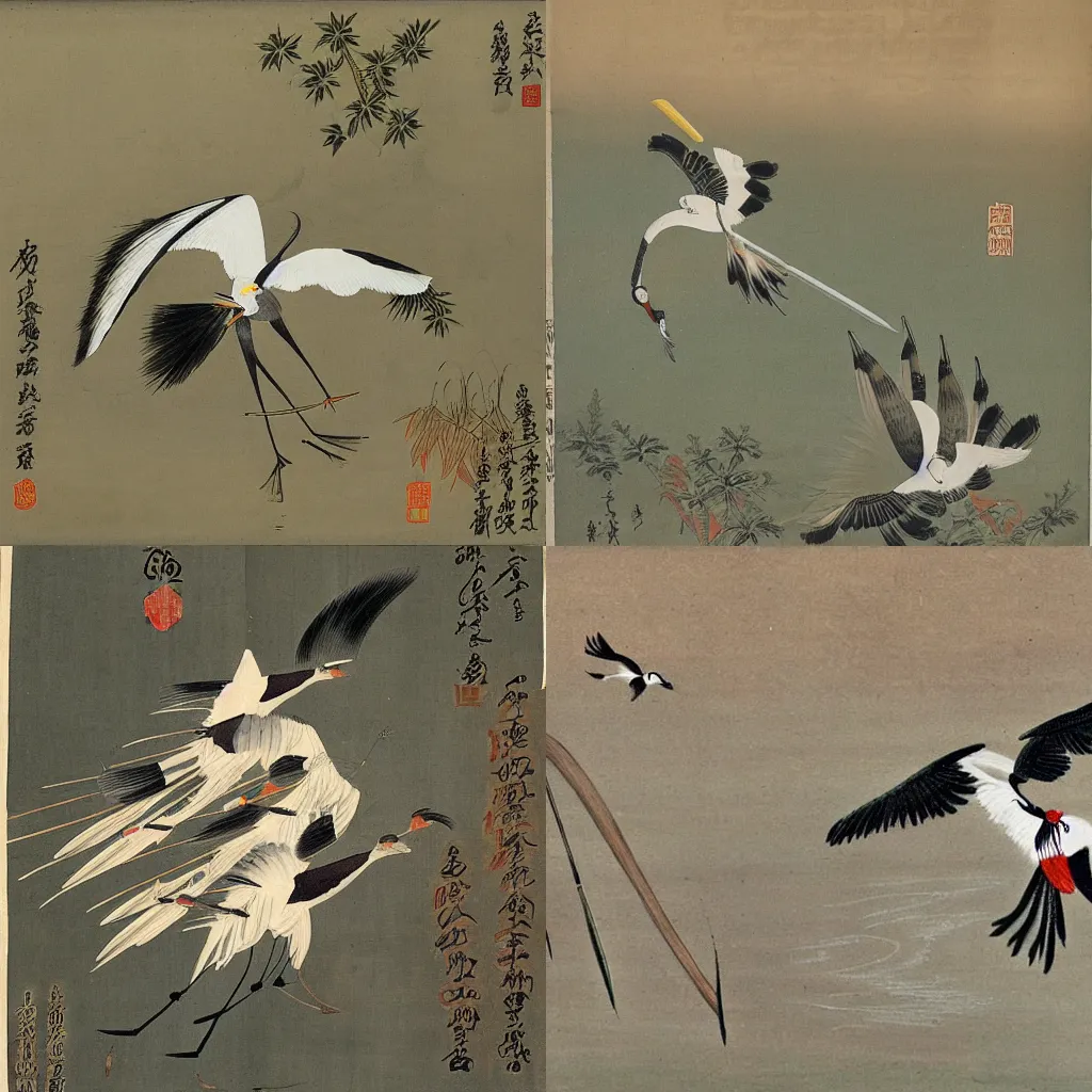 Prompt: a female taoist cultivator flying with a sword, srrounding by red - crowned cranes