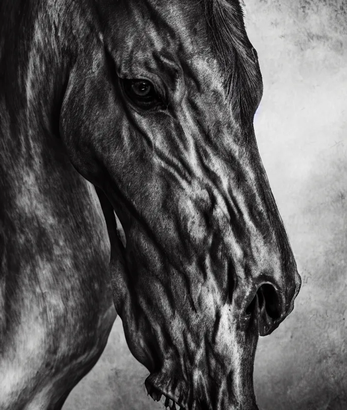 Image similar to skeleton of a horse in a dark veil, dark and mysterious, stopped in time, atmospheric, ominous, eerie, cinematic, epic, 8 k, 4 k, ultra detail, ultra realistic