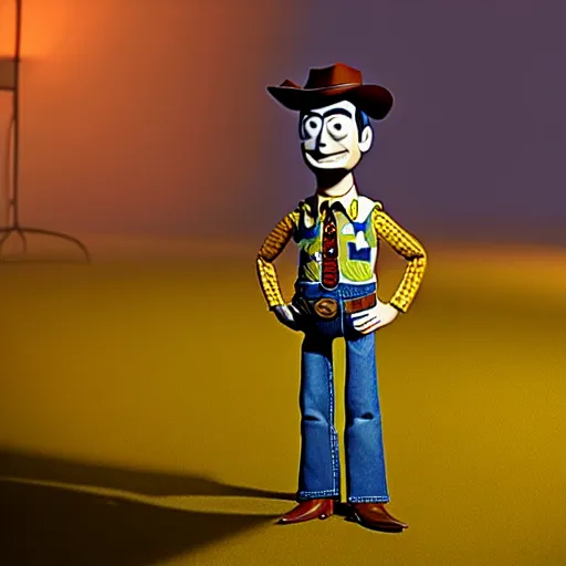 Image similar to mr. bean as woody from the toystory movie. movie still. cinematic lighting.