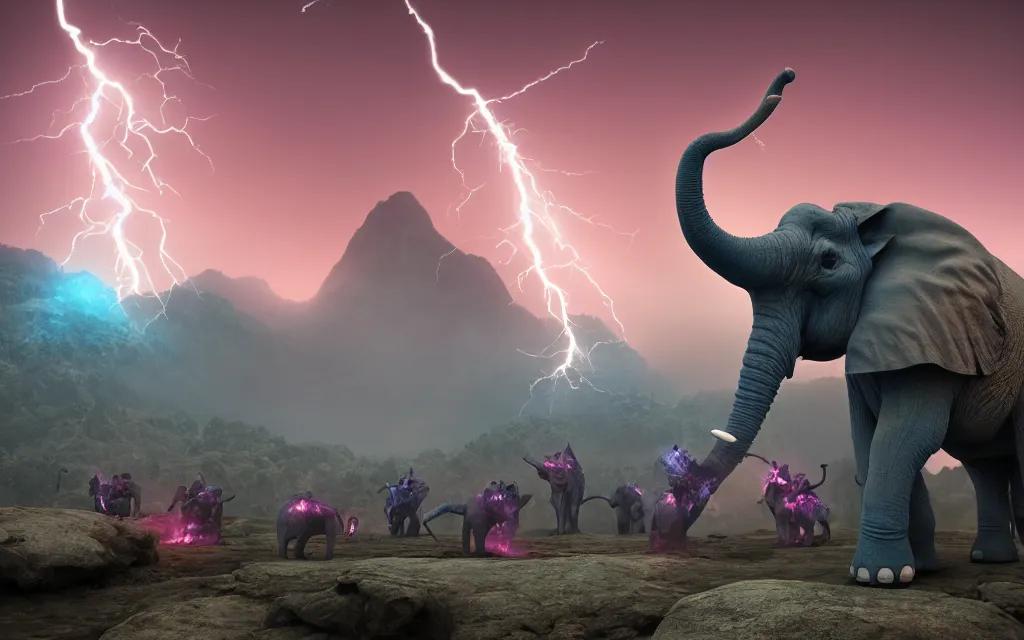 Image similar to a crowd of small blue necromancers summoning a giantic pink antropomorphic cyborg elephant lying on top of a rock, twilight lightning, montains in the background, volumetric fog, realitistic, high contrast, ultra detailed, 8 k render, cycles render engine, volumetric fog