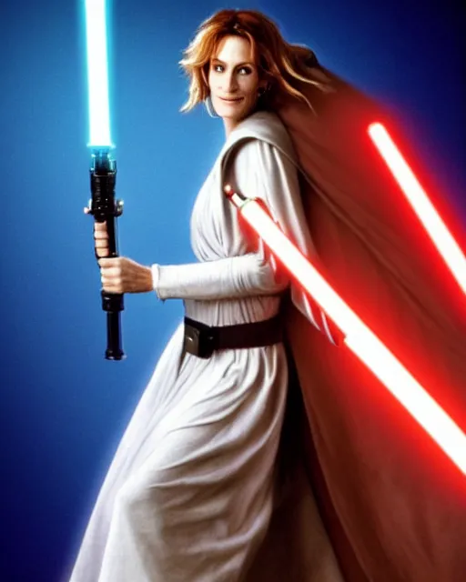 Prompt: julia roberts, dressed as jedi knight with a lightsaber, colorful, realistic, high resolution