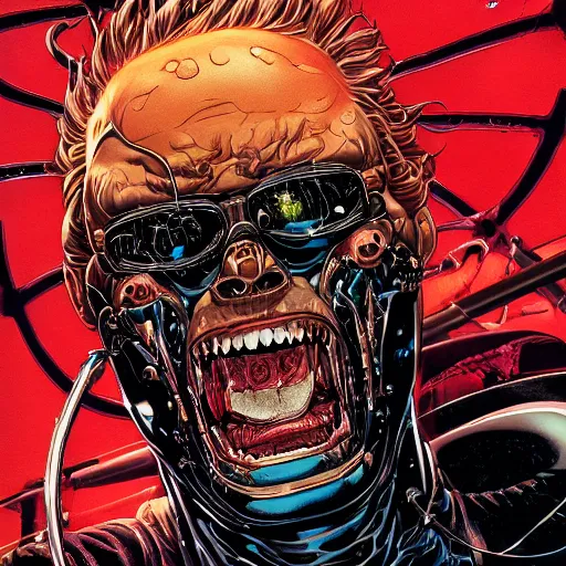 Image similar to portrait closeup of crazy black carbon terminator laughing, symmetrical, cinematic colors, by yoichi hatakenaka, masamune shirow, josan gonzales and dan mumford, ayami kojima, takato yamamoto, barclay shaw, karol bak, yukito kishiro