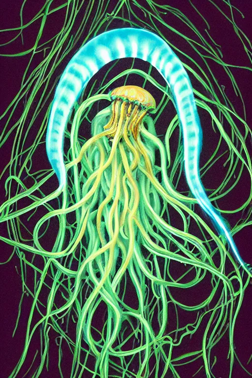 Prompt: terrifying glowing jellyfish with long tangled tentacles entering through a tear in reality into an ornate rococo cathedral