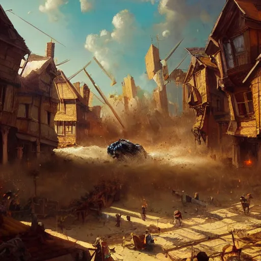 Image similar to a highly detailed oil painting of a giant cat smashing houses, renaissance, bystanders watching from the sides, 4 k, by greg rutkowski, artstation,