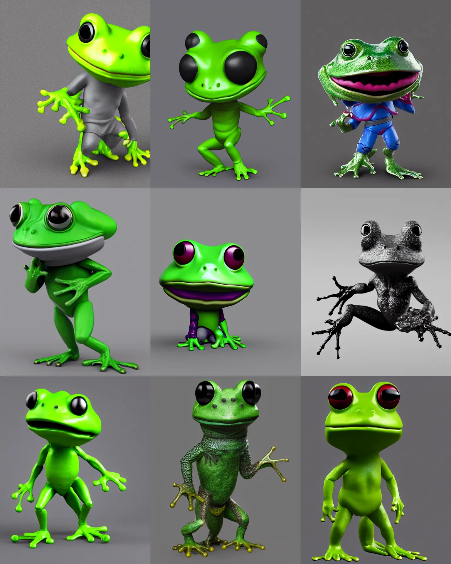 Prompt: full body 3 d render of ninja frog as a funko pop!, studio lighting, grey background, single body, no shadow, blender, trending on artstation, 8 k, highly detailed