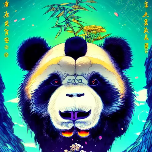 Image similar to a beautiful hyperdetailed character design 4 k wallpaper illustration of a cute panda with a chinese lion dance head victo ngai cyberpunk style, from china, style of studio ghibli, makoto shinkai, raphael lacoste, louis comfort tiffany, artgerm, james jean, ross tran, chinese style