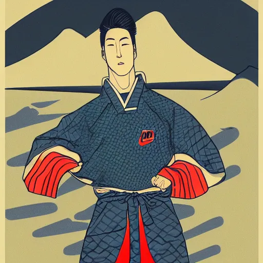 Prompt: a man wearing clothes designed by nike, large nike logo in the style ukiyo - e, radiant light, detailed and intricate environment, 4 k, trending on art station, beautiful