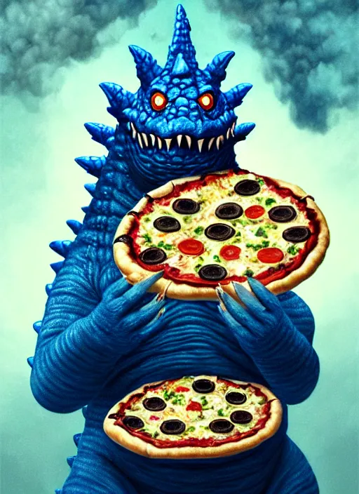 Image similar to portrait of a small fat blue godzilla with a pizza, wearing a propeller beanie, intricate, elegant, eerie lighting, highly detailed, digital painting, artstation, concept art, smooth, sharp focus, illustration, art by wlop, mars ravelo and greg rutkowski