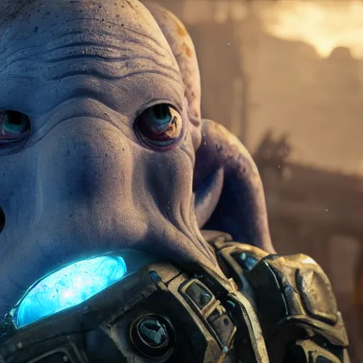 Prompt: squidward in gears of war, splash art, movie still, detailed face, photorealistic facial features, cinematic lighting, dramatic, octane render, long lens, shallow depth of field, bokeh, anamorphic lens flare, 8 k, hyper detailed, 3 5 mm film grain