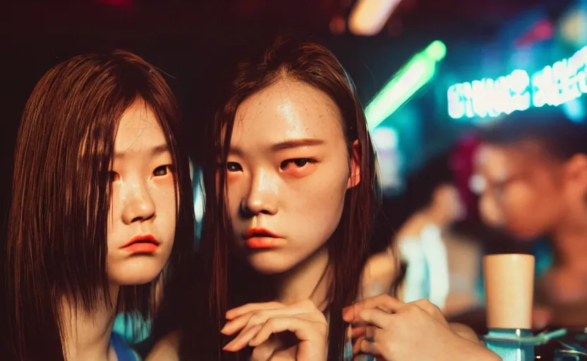 Image similar to cinestill 5 0 d photographic portrait of two female androids wearing streetwear talk at a bar in cyberpunk china, extreme closeup, modern cyberpunk, dust storm, 8 k, hd, high resolution, 3 5 mm, f / 3 2, ultra realistic faces, intricate detail, ex machina