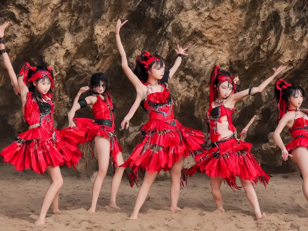 Image similar to babymetal 3 beautiful members performing on a tropical beach beautiful scenery, highly detail face, dynamic pose, High Definition detail, 8K, photography