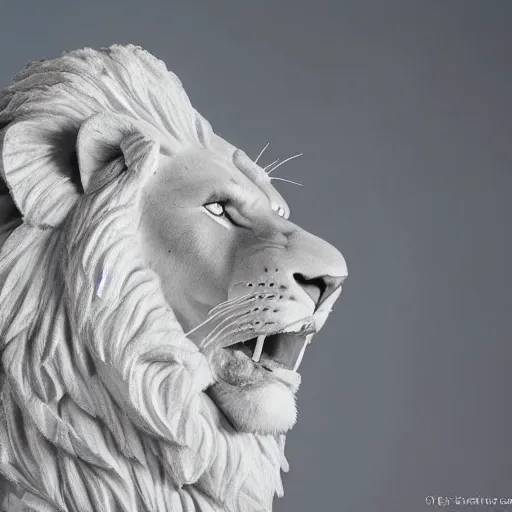 Image similar to beautiful portrait commission of a lion ice statue on display, detailed face , hyperdetailed, detailed photograph, award winning photo