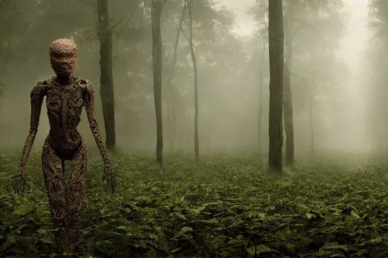 Prompt: a complex organic fractal 3 d ceramic humanoid floating in a lush forest, foggy, cinematic shot, photo still from movie by denis villeneuve