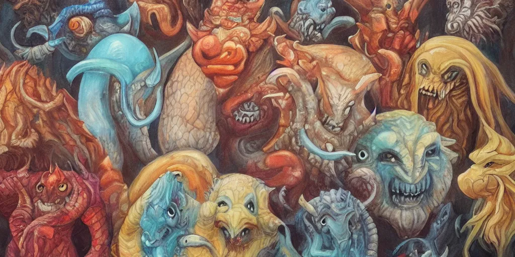 Image similar to portrait painting of a group of mythical monsters and beasts in a squishy style