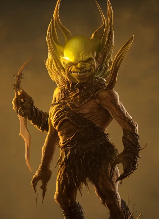 Image similar to evil goblin ultra detailed fantasy, elden ring, realistic, dnd character portrait, full body, dnd, rpg, lotr game design fanart by concept art, behance hd, artstation, deviantart, global illumination radiating a glowing aura global illumination ray tracing hdr render in unreal engine 5