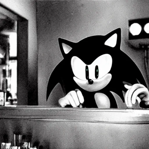 Prompt: photogram of sonic the hedgehog sitting at a bar, movie still