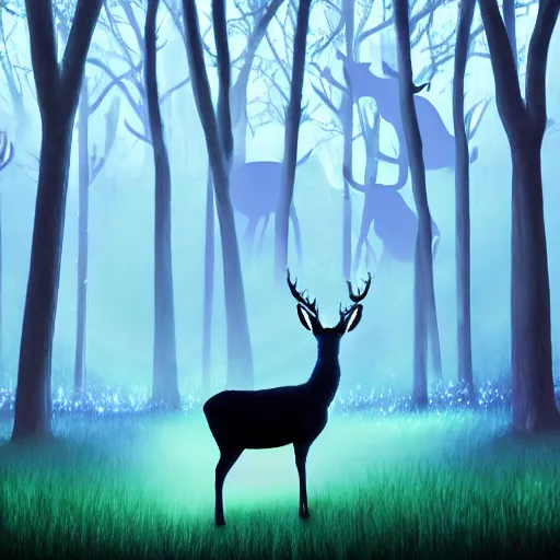 Image similar to white glowing deer standing in the middle of a forest at night, a hologram by wolfgang zelmer, featured on deviantart, magic realism, made of mist, bioluminescence, storybook illustration