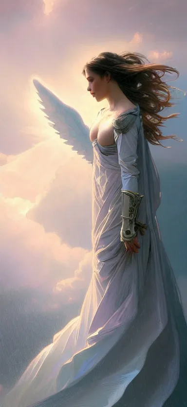 Image similar to angel, big wings, hudson river school, full plate armor with cloth, f 1 6, bokeh, gentle, female, snowy mountain, storm clouds, god rays, landscape, d & d, fantasy, elegant, teal pink white gold color palette, concept art, artgerm and greg rutkowski and alphonse mucha