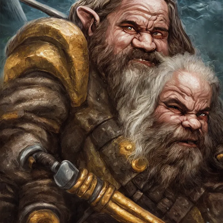 Image similar to dwarf with hammer in mountains, lord of the rings style, fantasy, poster, character portrait, portrait, close up, concept art, intricate details, highly detailed, full body, 8 k, detailed face, body