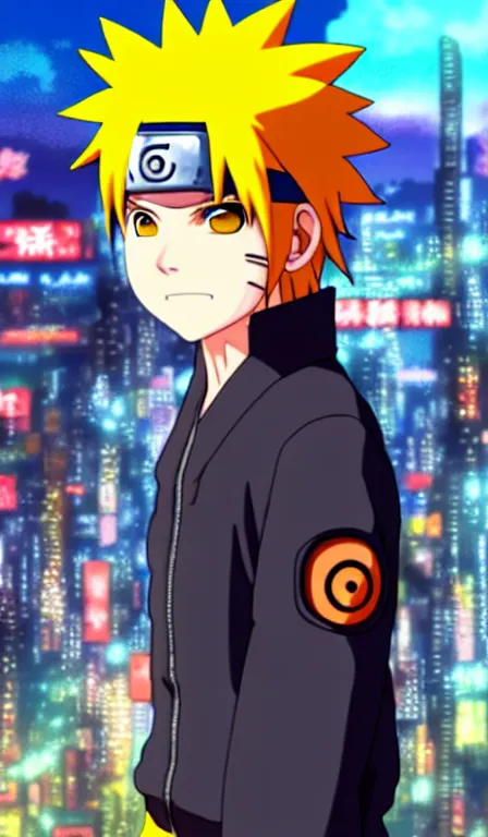 Image similar to anime fine details portrait of joyful Naruto in front of cyberpunk moder city landscape on the background deep bokeh, close-up view, anime masterpiece by Studio Ghibli. 8k, sharp high quality anime, artstation