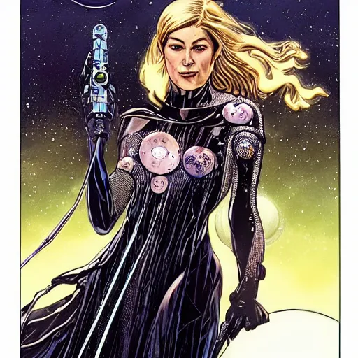 Prompt: Rosamund Pike as a quirky futuristic space witch, intricate, elegant, highly detailed, smooth, sharp focus, detailed face, high contrast, dramatic lighting, graphic novel, art by Ardian Syaf and Pepe Larraz,
