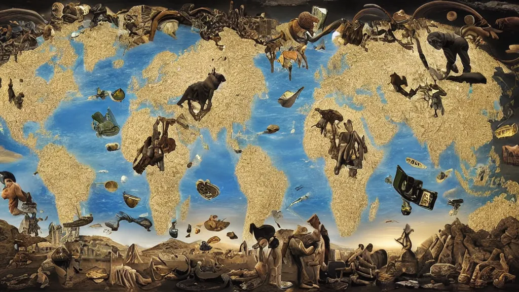 Prompt: surreal world map of languages in the styles of igor morski, jim warren, and rob gonsalves, intricate, robinson projection, accurate geography, volumetric lighting, serene, imaginative