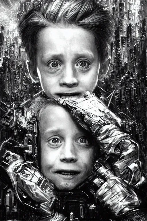 Image similar to realistic portrait beautiful concept art of home alone 2 movie scene when little macaulay culkin turns into cyborg. horror, created by gustave dore and greg rutkowski, high detailed, smooth draw, synthwave neon retro, intricate, trending on artstation.