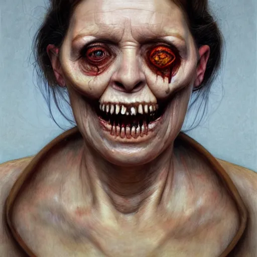 Prompt: a portrait of margarita simonyan, flesh eating worms, macabre, horror saw teeth, horror rotten teeth, peeling face skin, by donato giancola and greg rutkowski and wayne barlow and zdzisław beksinski, realistic face, visible face, digital art, artstation, symmetry