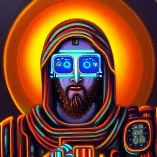 Image similar to beautiful detailed religious oil painting of robotic cyberpunk jesus with a gun in a neon city