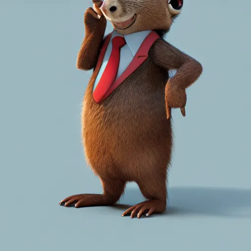 Image similar to cute anthro brown marmot in a suit while holding a pencil, cartoon, digital art, 3 d rendered in octane, pixar character, blender, maya, shadows, lighting