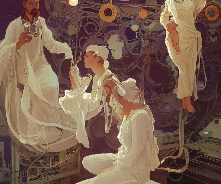 Prompt: Future godly calm scientists discover the cure on space station, elegant, intricate, beautiful, digital painting, artstation, concept art, smooth, sharp focus, by Alphonse Mucha