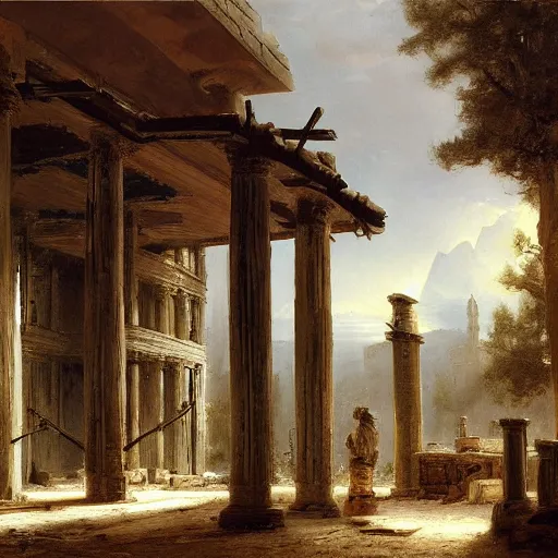 Prompt: painting of a scifi ancient civilzation wood house with pillars, andreas achenbach