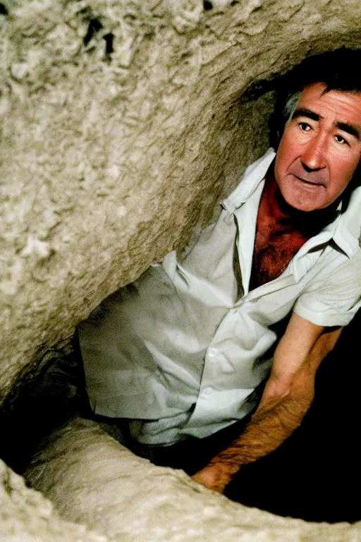 Image similar to cinematic still randy mantooth crawling inside a tunnel made of flesh, 4 k, dramatic lighting, body horror