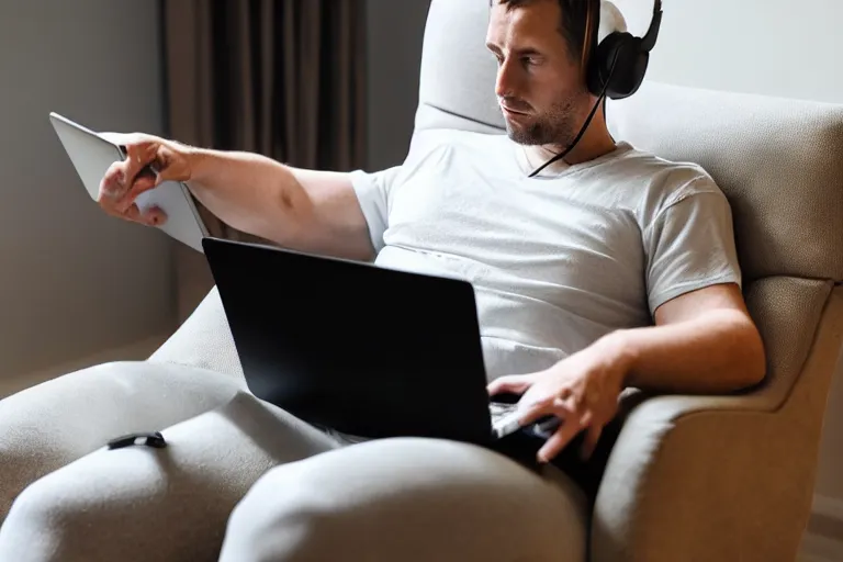 Image similar to a caucasian man who is deep in thought is wearing a white t - shirt and he is wearing black sweat pants and he is wearing headphones and he has a laptop computer sitting on his lap and he is sitting in a brown leather chair and the chair is in the reclining position and the man's legs are resting on the recliner of the chair