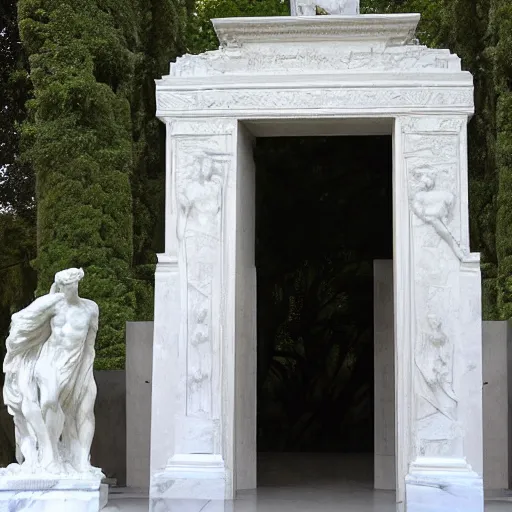 Prompt: Doors of Heaven by Auguste Rodin, white marble