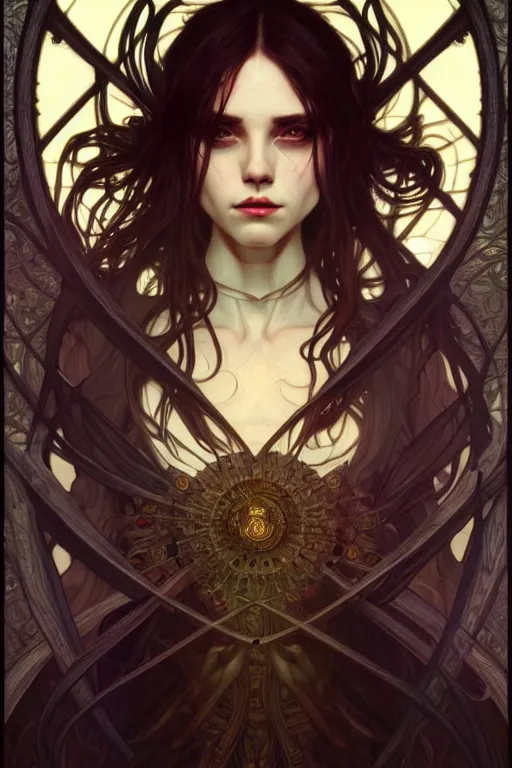 Image similar to witcraft, the occult, horrific, dark fantasy, intricate, elegant, highly detailed, digital painting, artstation, concept art, matte, sharp focus, illustration, art by artgerm and alphonse mucha