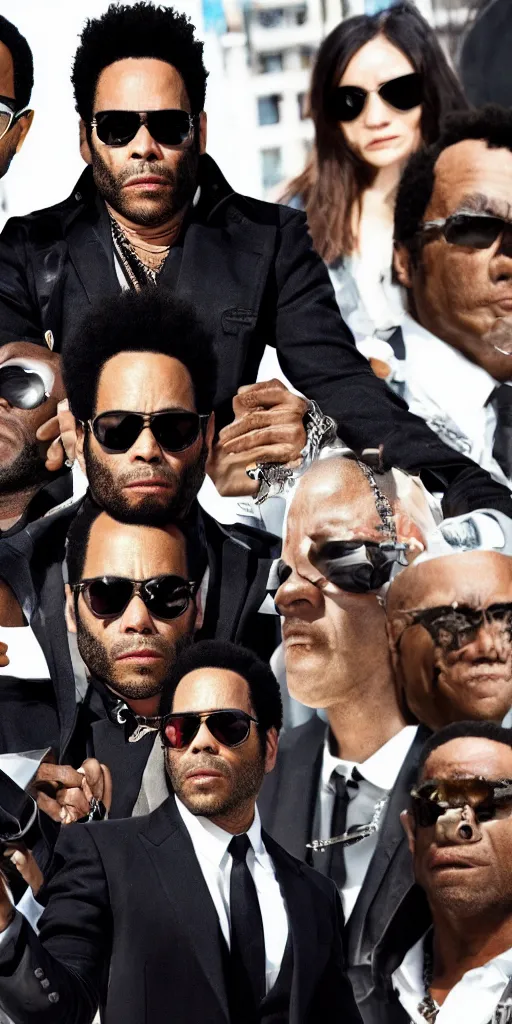 Image similar to lenny kravitz as men in black agent, only one head on the picture, dynamic movie still, detailed 8 k photorealistic portrait, imdb poster style