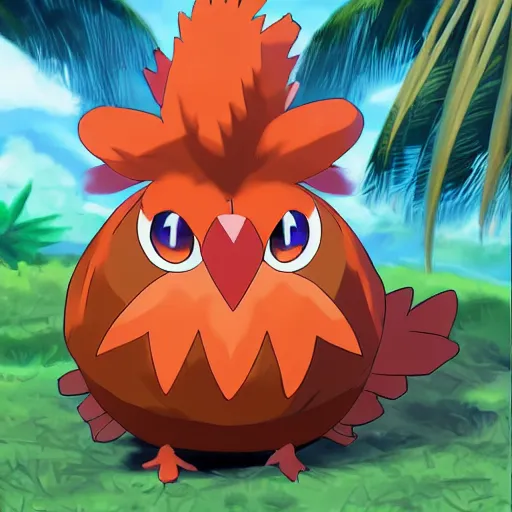 Image similar to A pokemon that looks like a rooster, The coconut shell wrapped around him,The rooster hides inside and sticks his head out to peek，Trending on art station. Unreal engine.