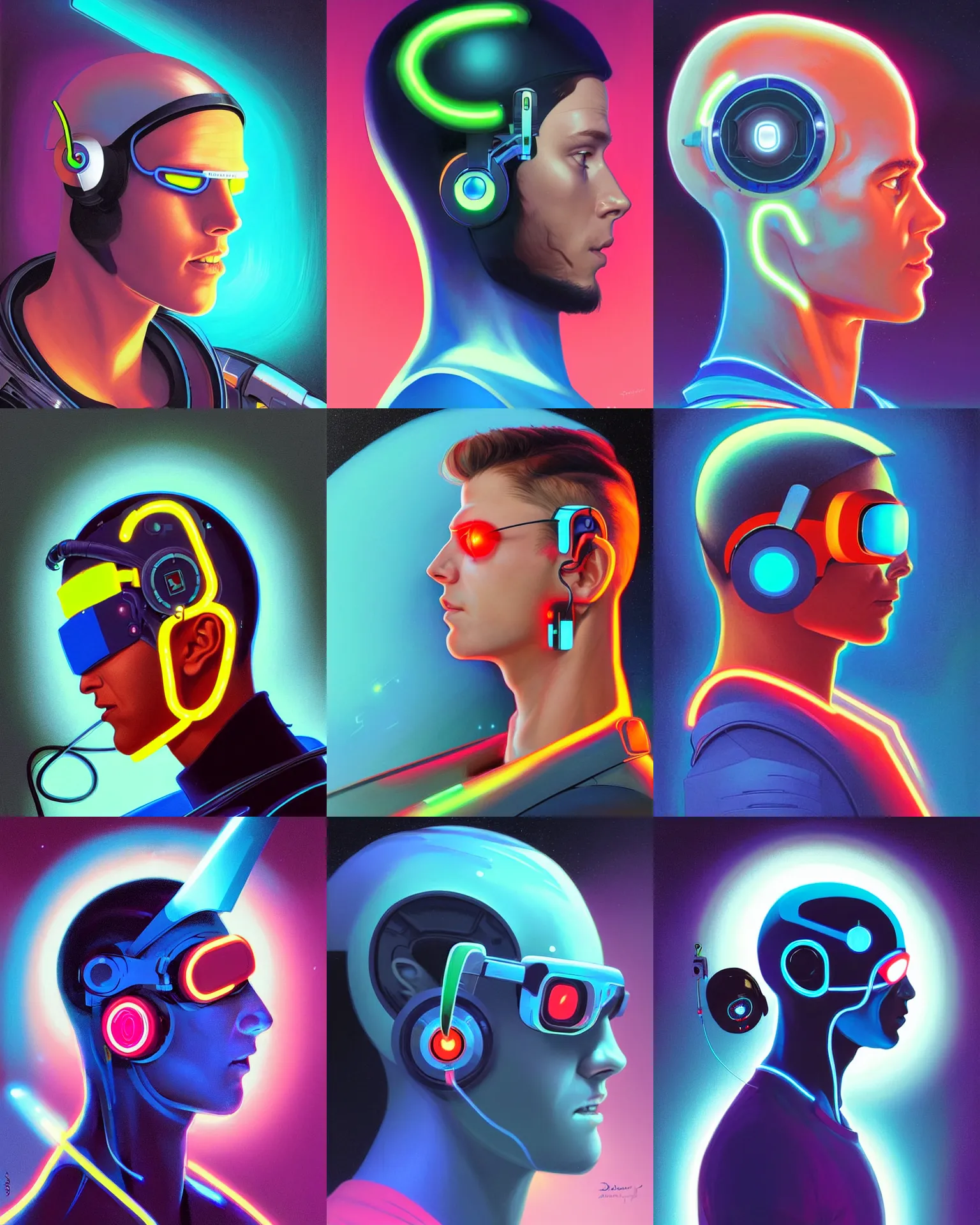 Prompt: side view future coder man, sleek cyclops display over eyes and sleek bright headphoneset, neon accent lights, holographic colors, desaturated headshot portrait digital painting by dean cornwall, rhads, john berkey, tom whalen, alex grey, alphonse mucha, donoto giancola, astronaut cyberpunk electric widow's peak profile