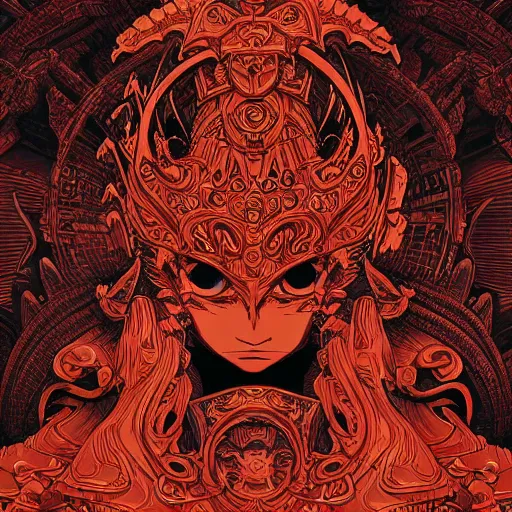 Image similar to wrathful diety headphones, intricate ancient relief carving background, incredible, anime, Digital 2D, animated by Kyoto Animation, Studio Ghibli, Miyazaki, AKIRA art style, by Laurie Greasley, beautiful, gorgeous, dramatic lighting, rule of thirds, perfect composition, trending on ArtStation, 4k