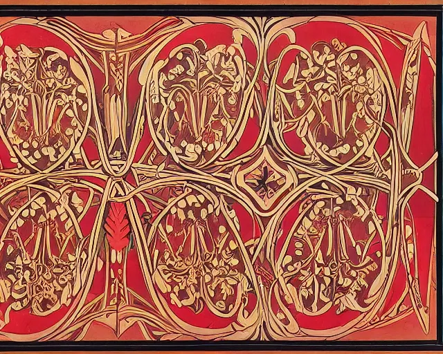 Prompt: symmetrical mural painting from the early 1 9 0 0 s in the style of art nouveau, red curtains, art nouveau design elements, art nouveau ornament, scrolls, flowers, flower petals, rose, opera house architectural elements, mucha, masonic symbols, masonic lodge, joseph maria olbrich, simple, iconic, masonic art, masterpiece